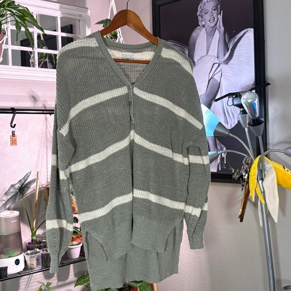 American Eagle Henley Sweater Womens XS/S Green Striped High Low‎ Coastal Boho
